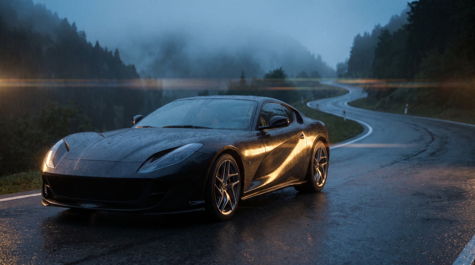 Black grand touring car on a wet mountain road at blue hour