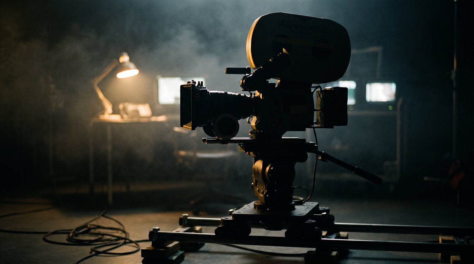 Cinema camera on a dolly in a dark studio