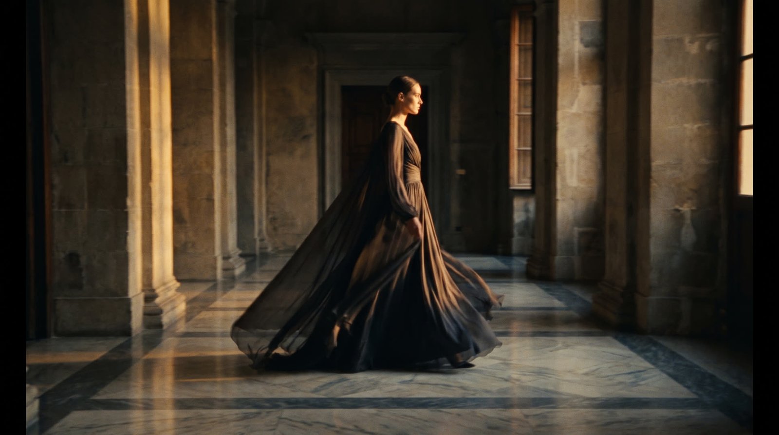 Model in a black couture gown walking through a marble corridor